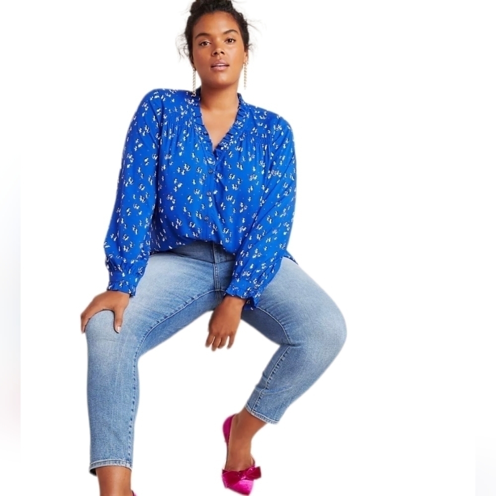ANTHROPOLOGIE Maeve Marisol Penguin Novelty Print Ruffle Blouse in blue size 26W